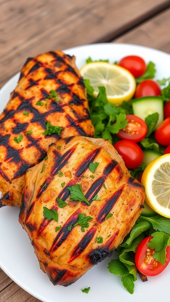 Grilled chicken thighs on a plate with salad and lemon, served on a rustic table.